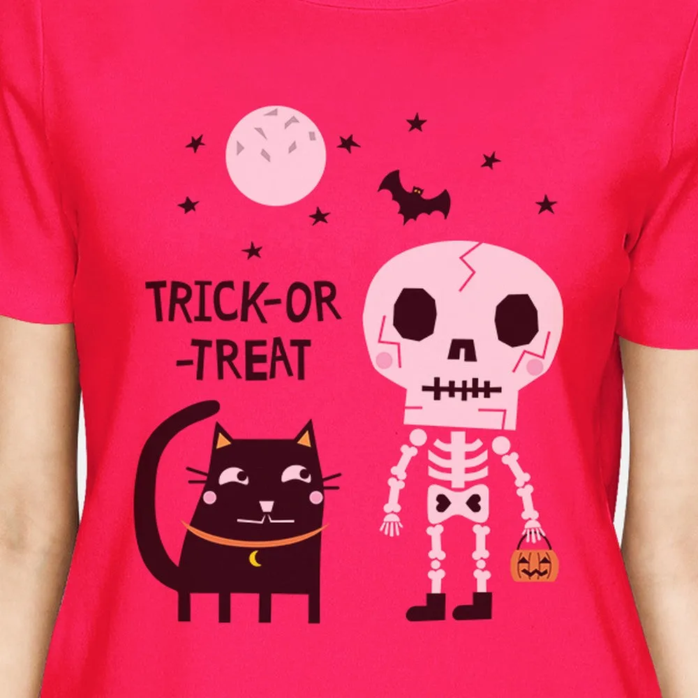 Trick-Or-Treat Skeleton Black Cat Womens Hot Pink Shirt
