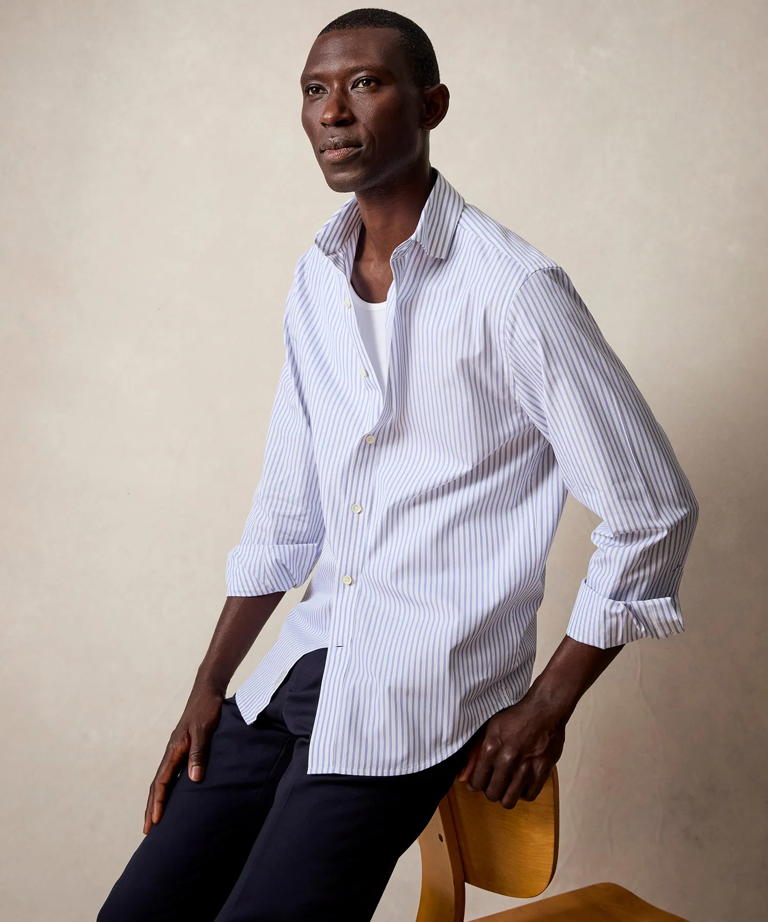 Triple Stripe Spread Collar Dress Shirt in Blue