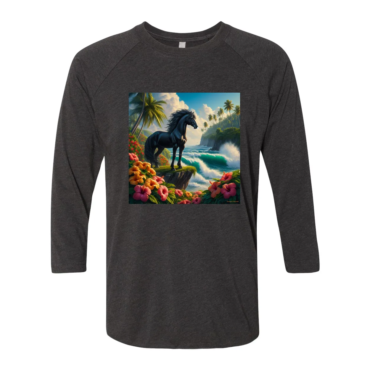 Tropical Black Stallion Horse 3 4 Sleeve Raglan T Shirts