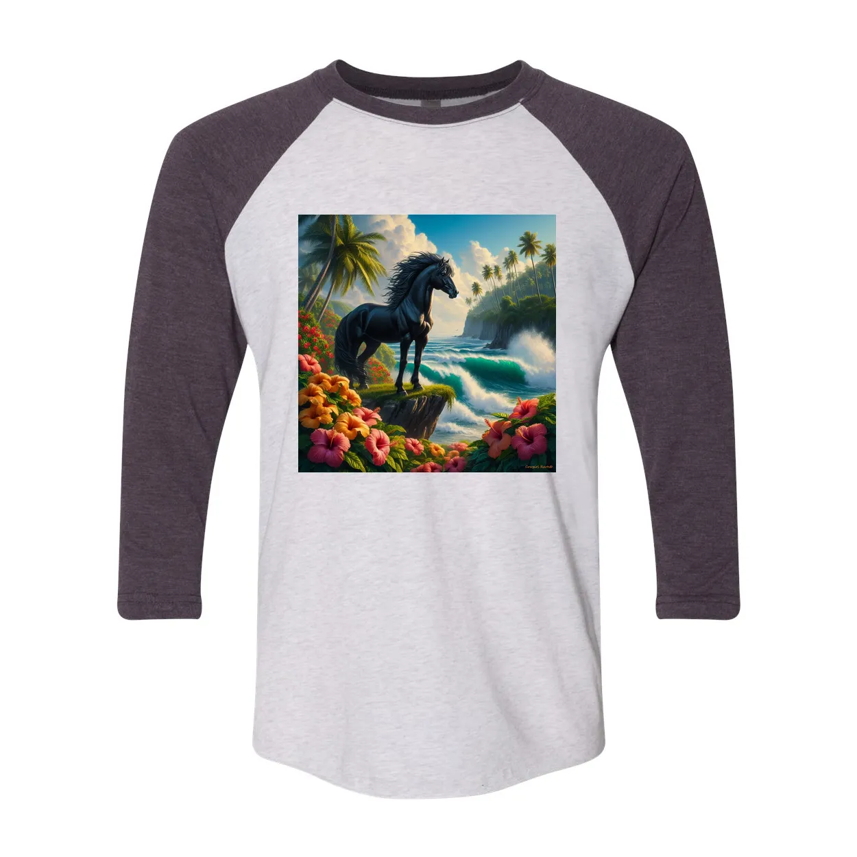 Tropical Black Stallion Horse 3 4 Sleeve Raglan T Shirts