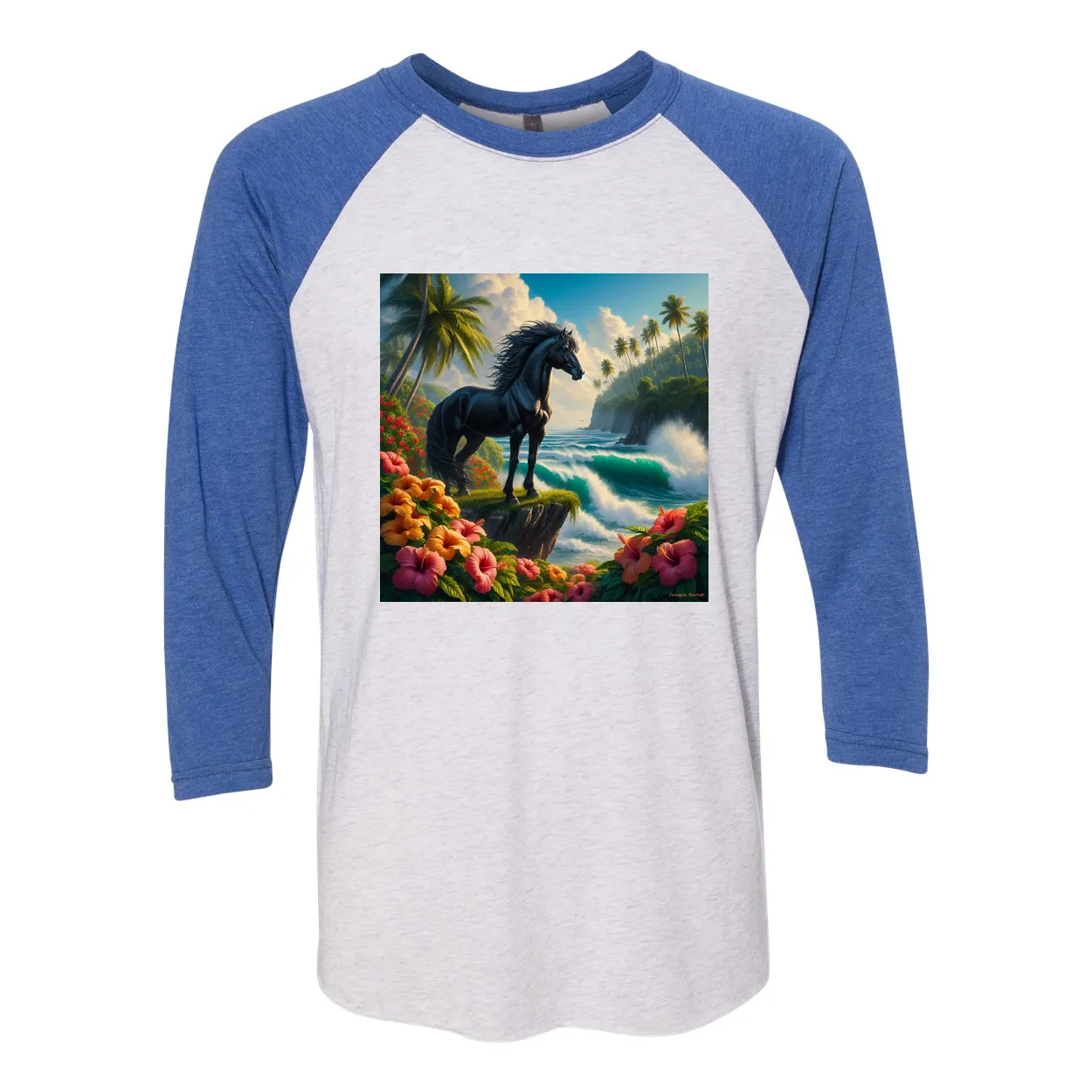 Tropical Black Stallion Horse 3 4 Sleeve Raglan T Shirts