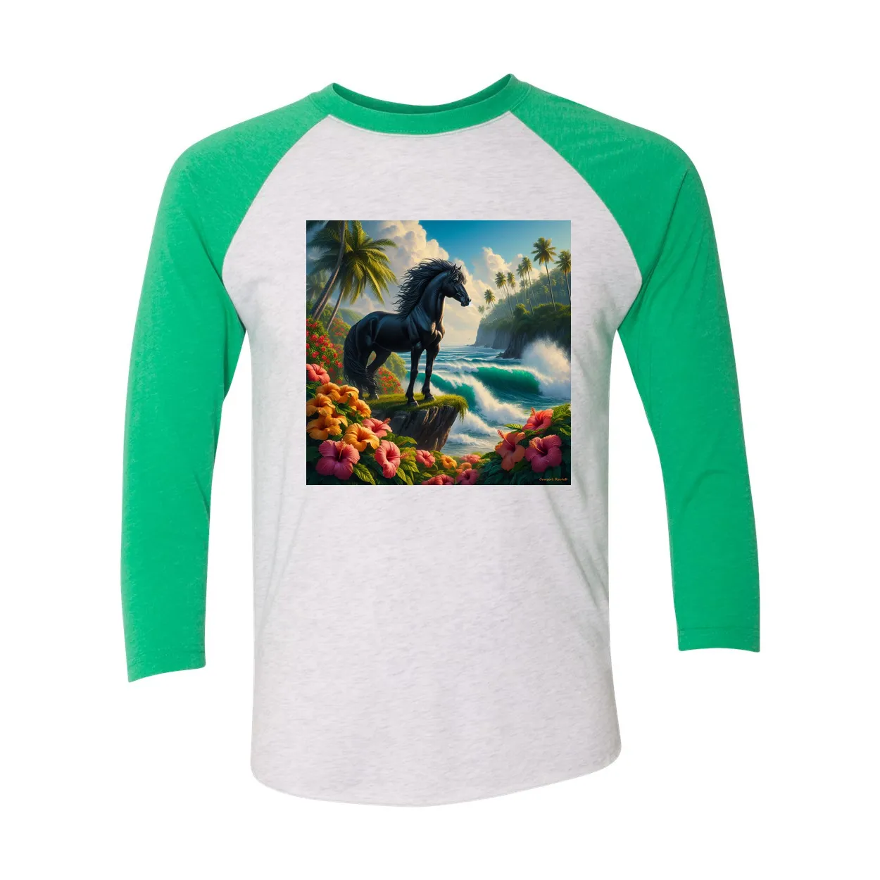 Tropical Black Stallion Horse 3 4 Sleeve Raglan T Shirts