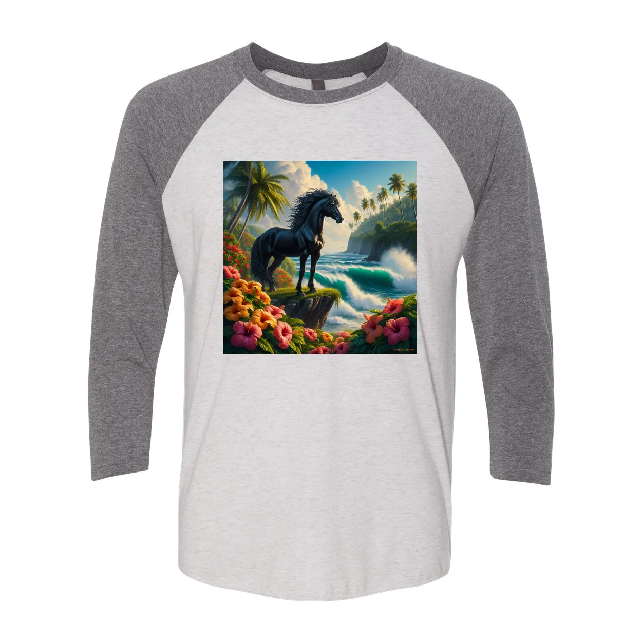 Tropical Black Stallion Horse 3 4 Sleeve Raglan T Shirts