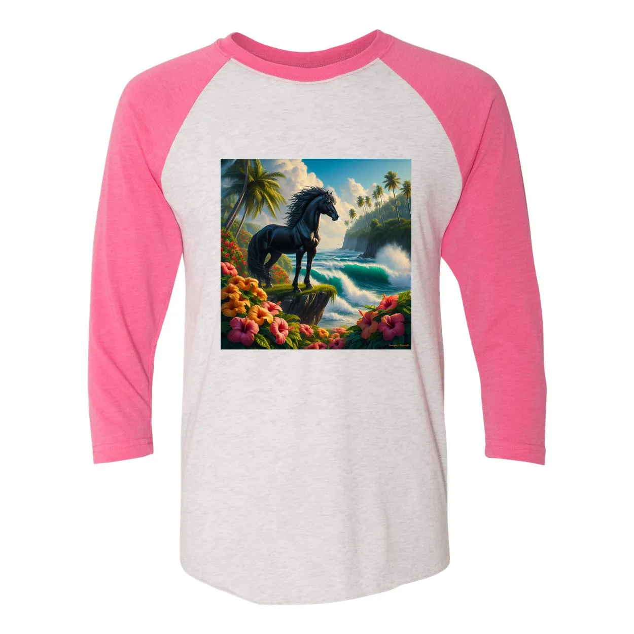 Tropical Black Stallion Horse 3 4 Sleeve Raglan T Shirts
