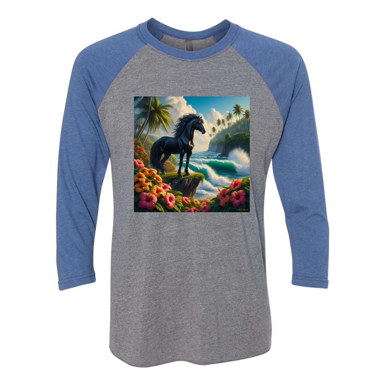 Tropical Black Stallion Horse 3 4 Sleeve Raglan T Shirts