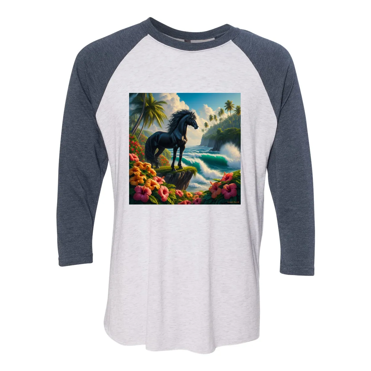 Tropical Black Stallion Horse 3 4 Sleeve Raglan T Shirts