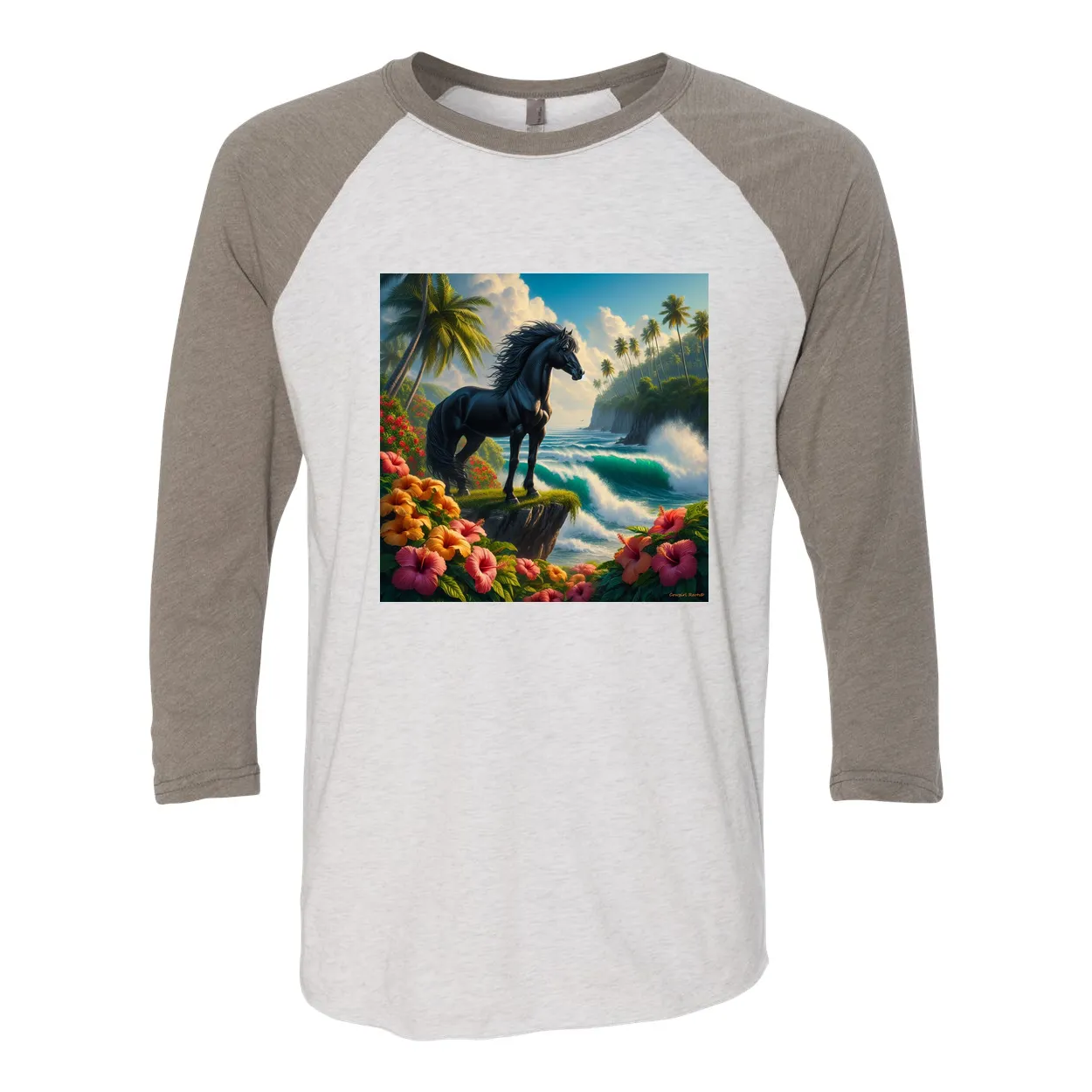 Tropical Black Stallion Horse 3 4 Sleeve Raglan T Shirts