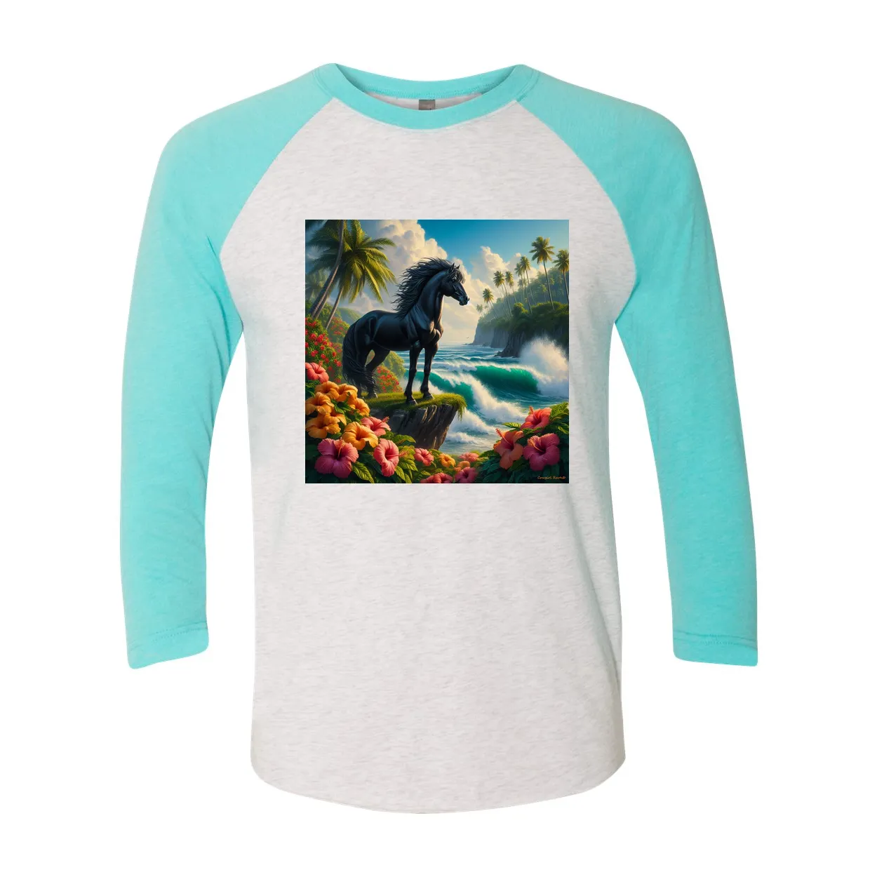 Tropical Black Stallion Horse 3 4 Sleeve Raglan T Shirts