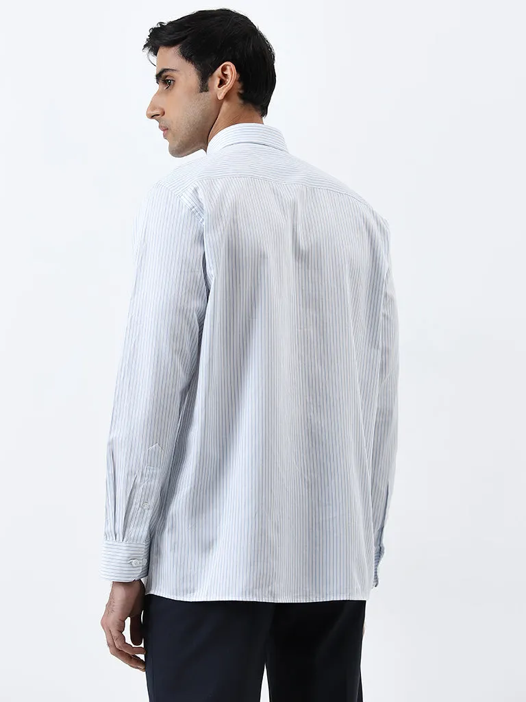 WES Formals Light Blue Striped Relaxed-Fit Cotton Shirt