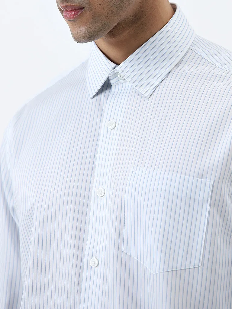 WES Formals Light Blue Striped Relaxed-Fit Cotton Shirt