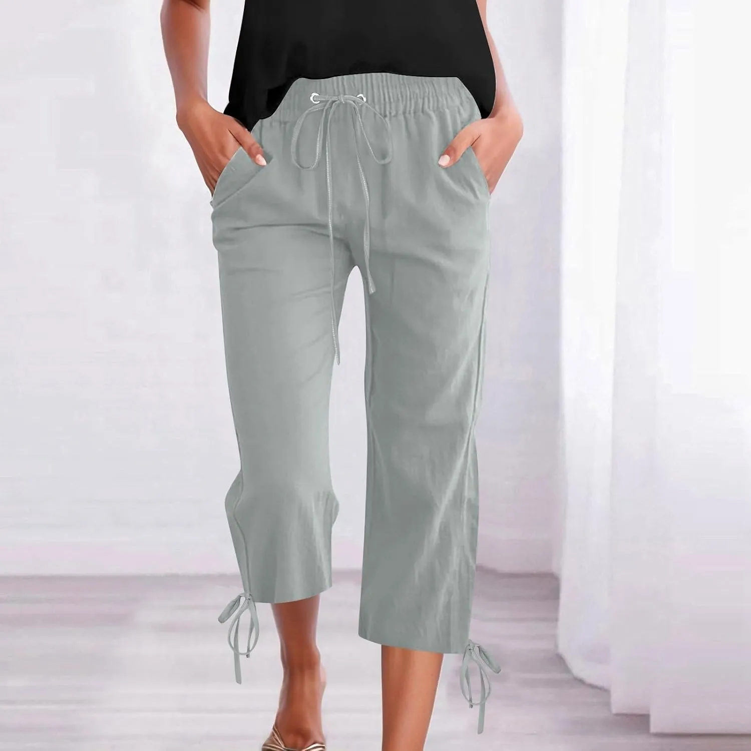 Women's Wide Leg Linen Pants Summer Casual Elastic High Waist Palazzo Pant Dress Tie Knot Trouser with Pocket