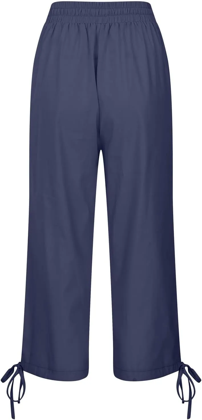 Women's Wide Leg Linen Pants Summer Casual Elastic High Waist Palazzo Pant Dress Tie Knot Trouser with Pocket