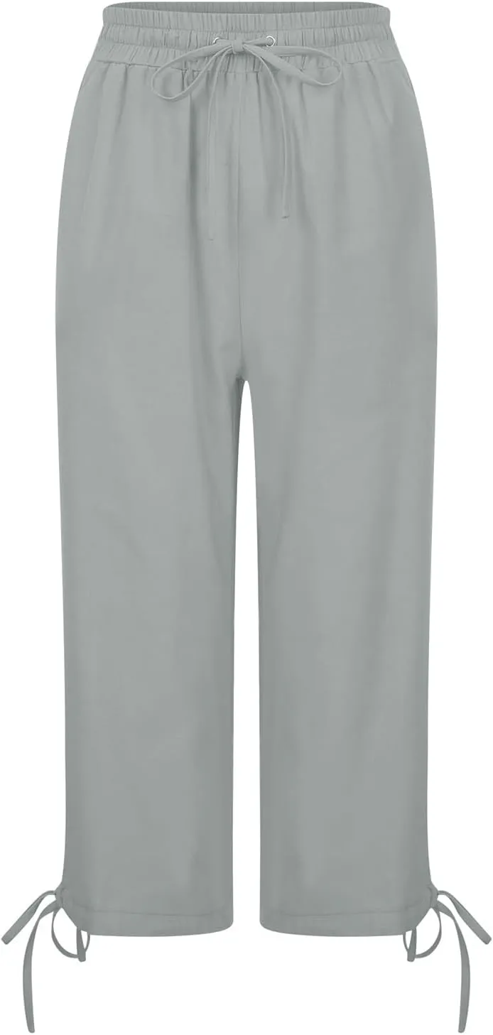 Women's Wide Leg Linen Pants Summer Casual Elastic High Waist Palazzo Pant Dress Tie Knot Trouser with Pocket