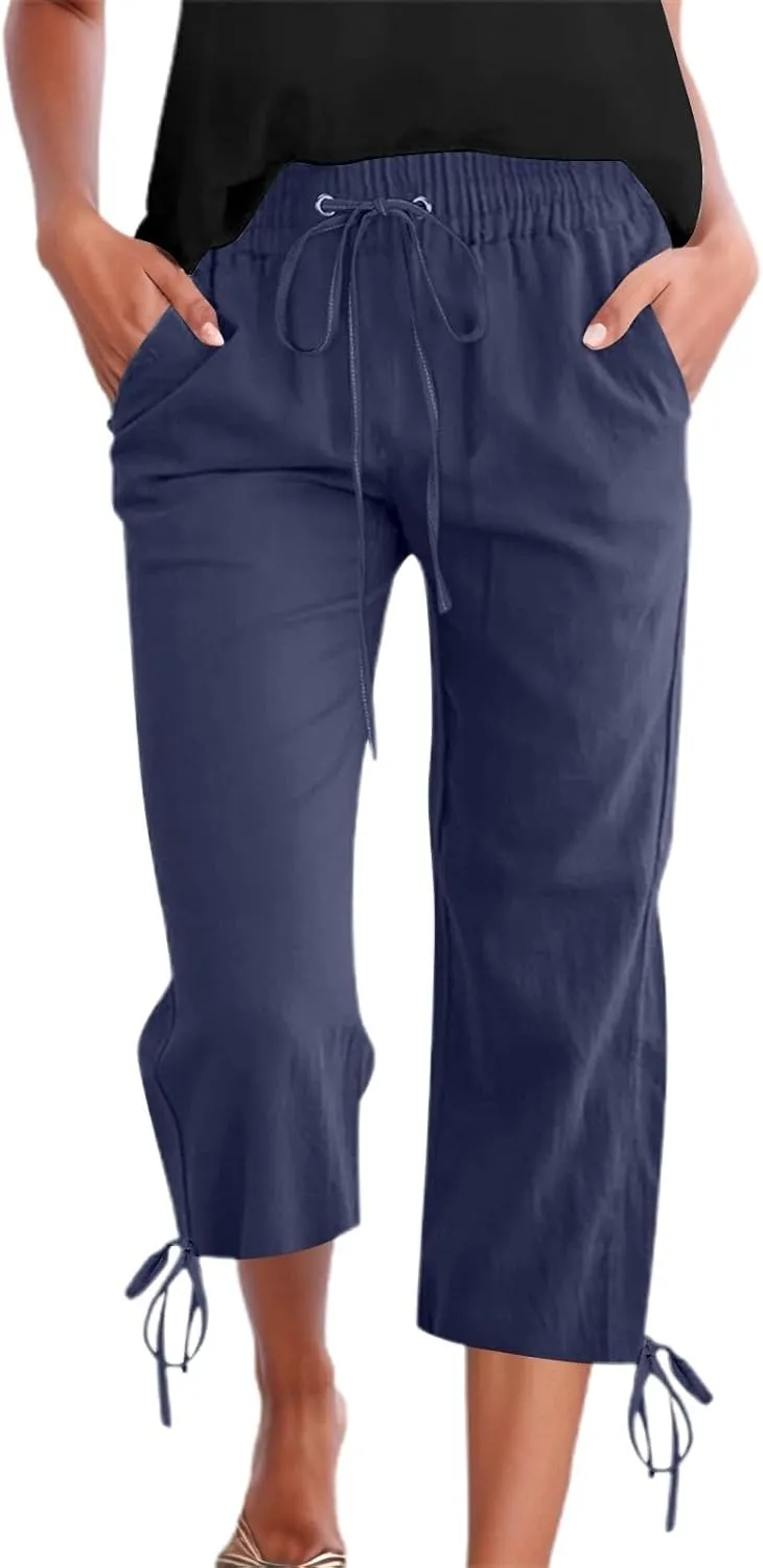 Women's Wide Leg Linen Pants Summer Casual Elastic High Waist Palazzo Pant Dress Tie Knot Trouser with Pocket