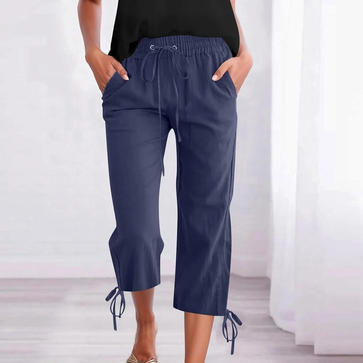 Women's Wide Leg Linen Pants Summer Casual Elastic High Waist Palazzo Pant Dress Tie Knot Trouser with Pocket