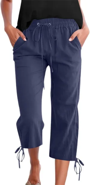Women's Wide Leg Linen Pants Summer Casual Elastic High Waist Palazzo Pant Dress Tie Knot Trouser with Pocket