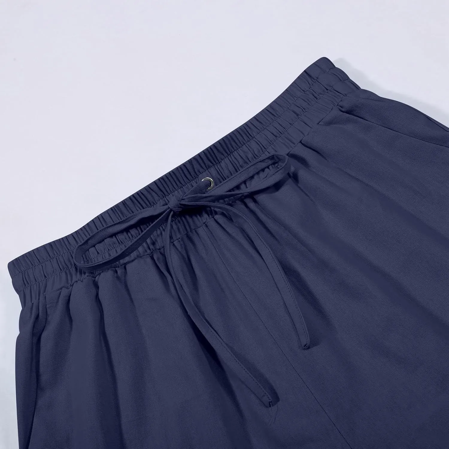 Women's Wide Leg Linen Pants Summer Casual Elastic High Waist Palazzo Pant Dress Tie Knot Trouser with Pocket