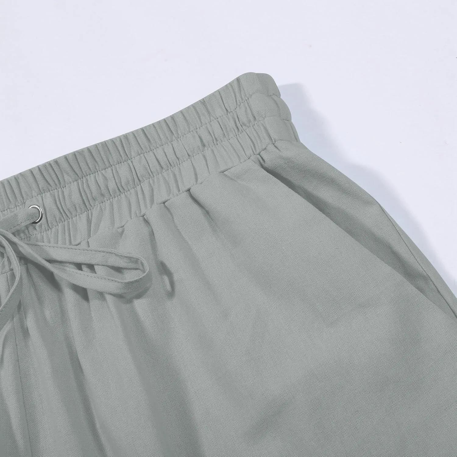 Women's Wide Leg Linen Pants Summer Casual Elastic High Waist Palazzo Pant Dress Tie Knot Trouser with Pocket
