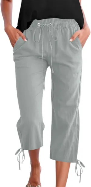 Women's Wide Leg Linen Pants Summer Casual Elastic High Waist Palazzo Pant Dress Tie Knot Trouser with Pocket