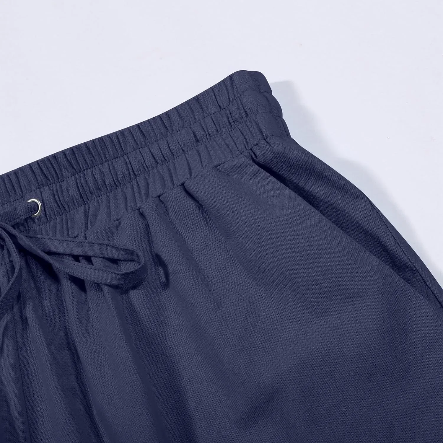 Women's Wide Leg Linen Pants Summer Casual Elastic High Waist Palazzo Pant Dress Tie Knot Trouser with Pocket