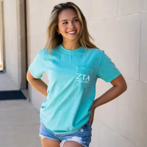 Zeta Tau Alpha Script Letters Pocket Tee - Mint