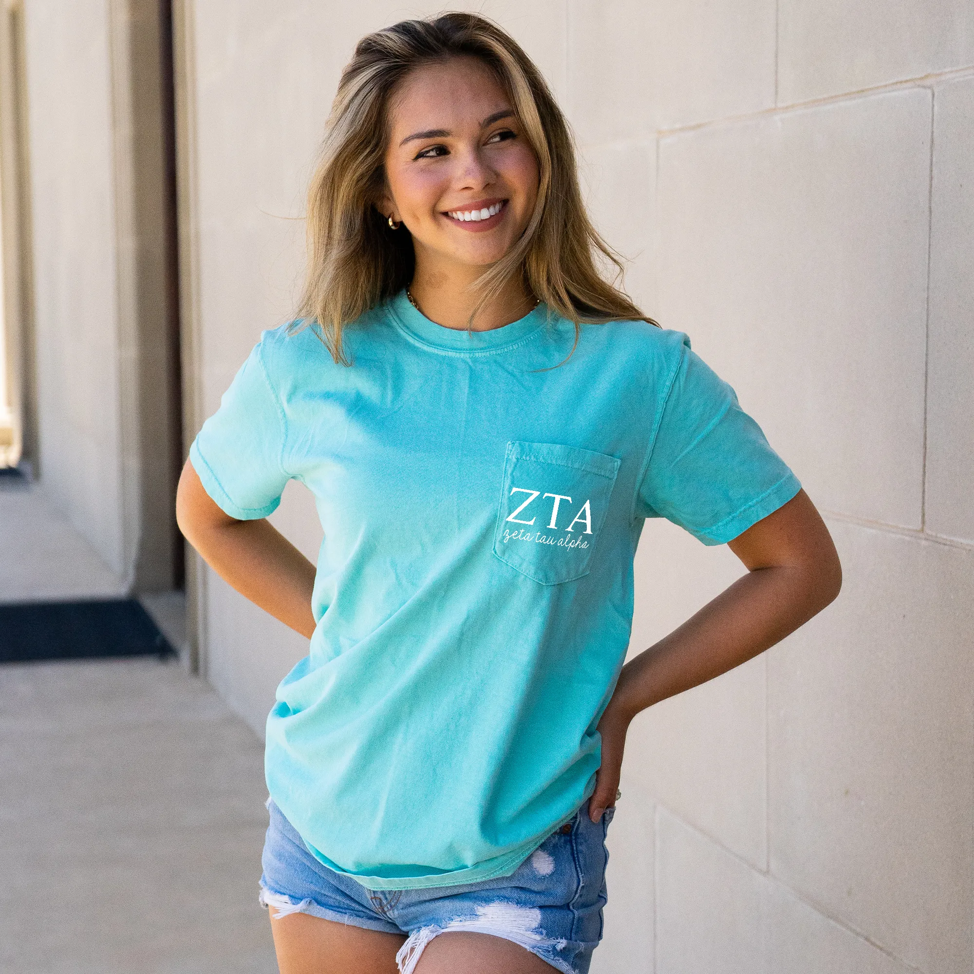 Zeta Tau Alpha Script Letters Pocket Tee - Mint